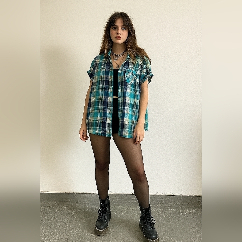 IB Diffusion XL Plaid Cotton Short Sleeve Shirt Blue Green Button Front Pocket‎